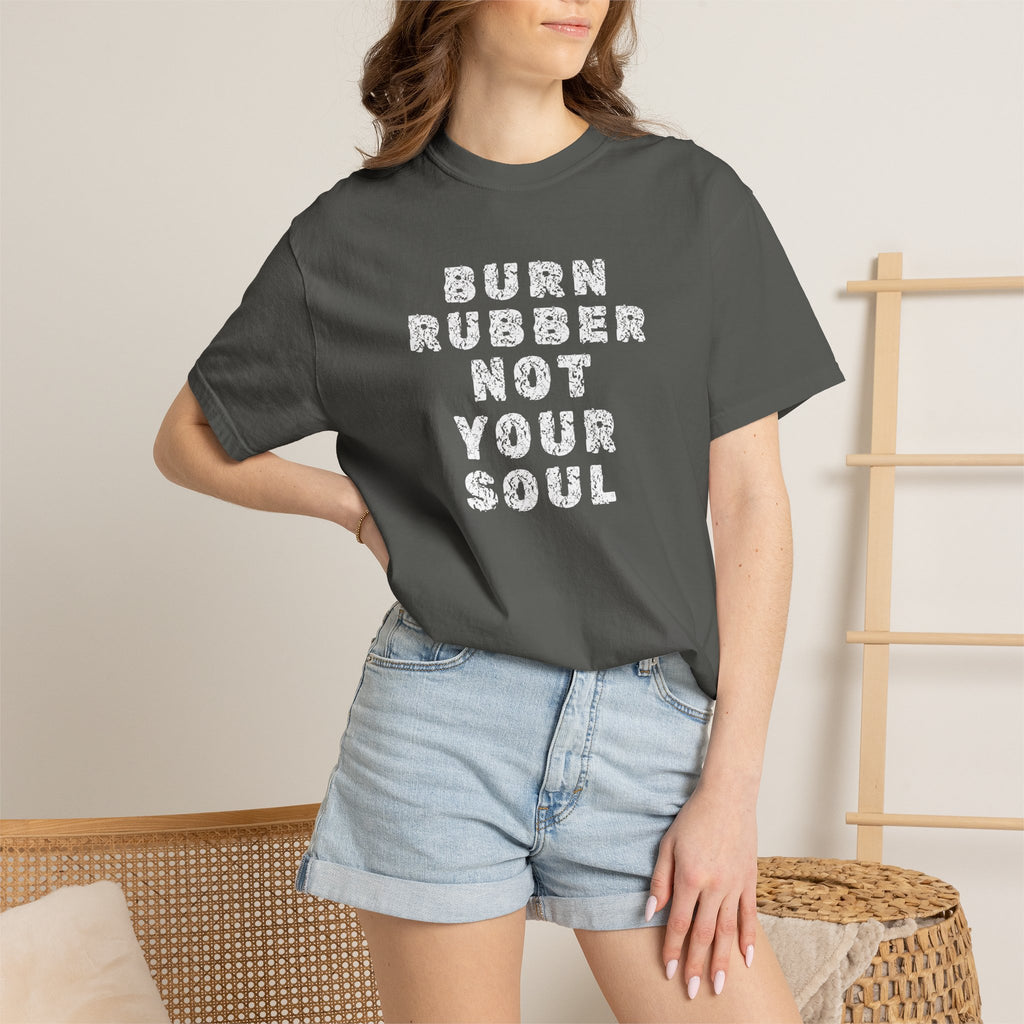 Non UK Sales Motorbike t-shirt  (Burn rubber, Not your soul) Words W/B