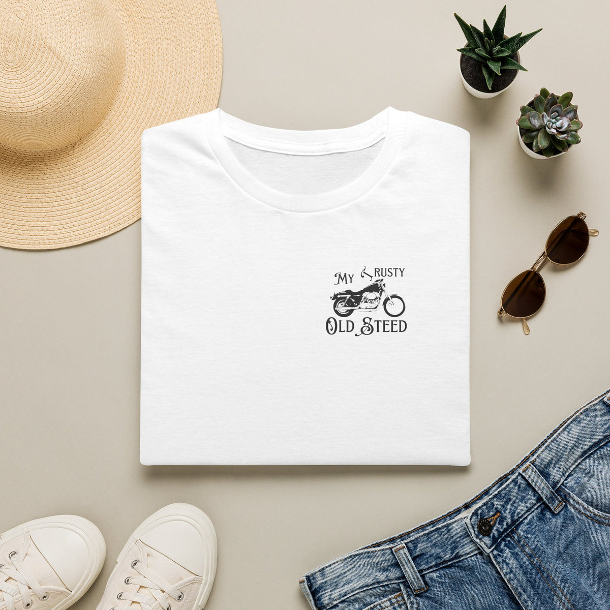 Motorbike T-shirt with 'My Trusty (Rusty) Old Steed' Small Logo