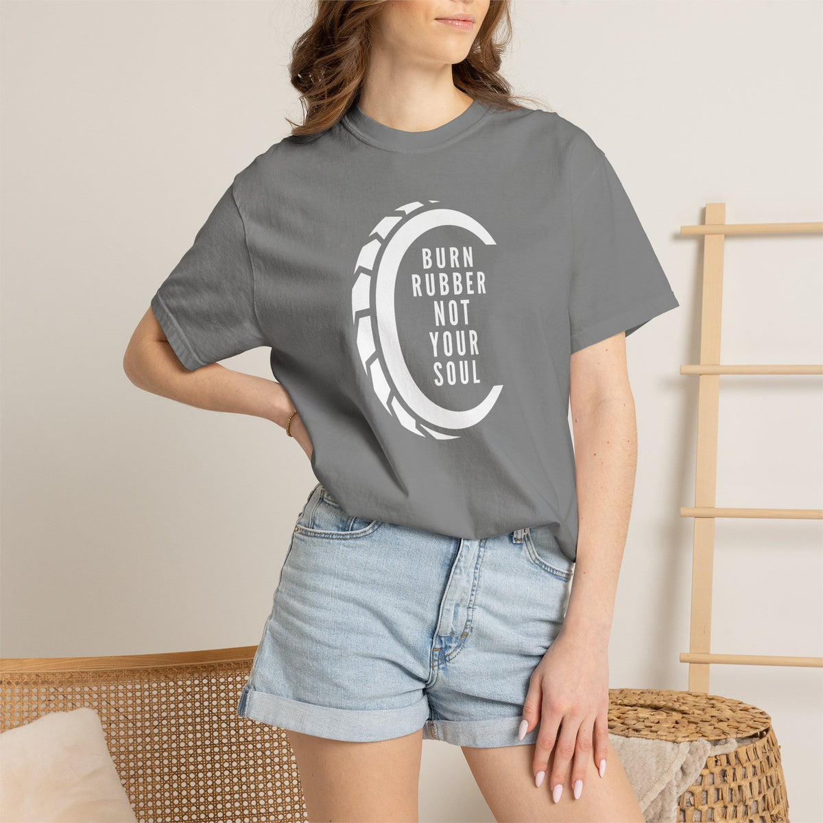 Non UK Sales Motorbike t-shirt  (Burn rubber, Not your soul) Words W/B