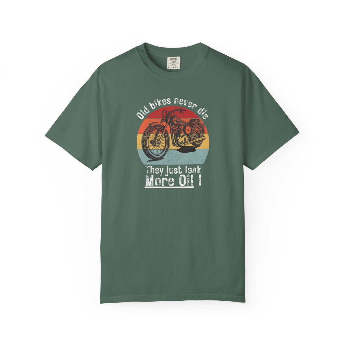 Non UK Sales Motorbike t-shirt (Old bikes never die, They just leak more oil)  W/B