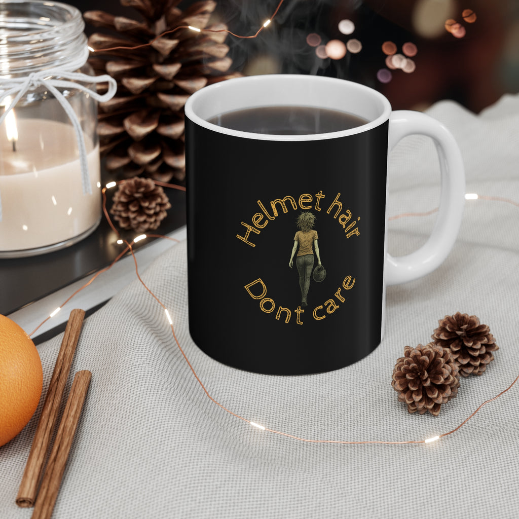11oz White Mug With (Helmet hair, Dont care) (2)