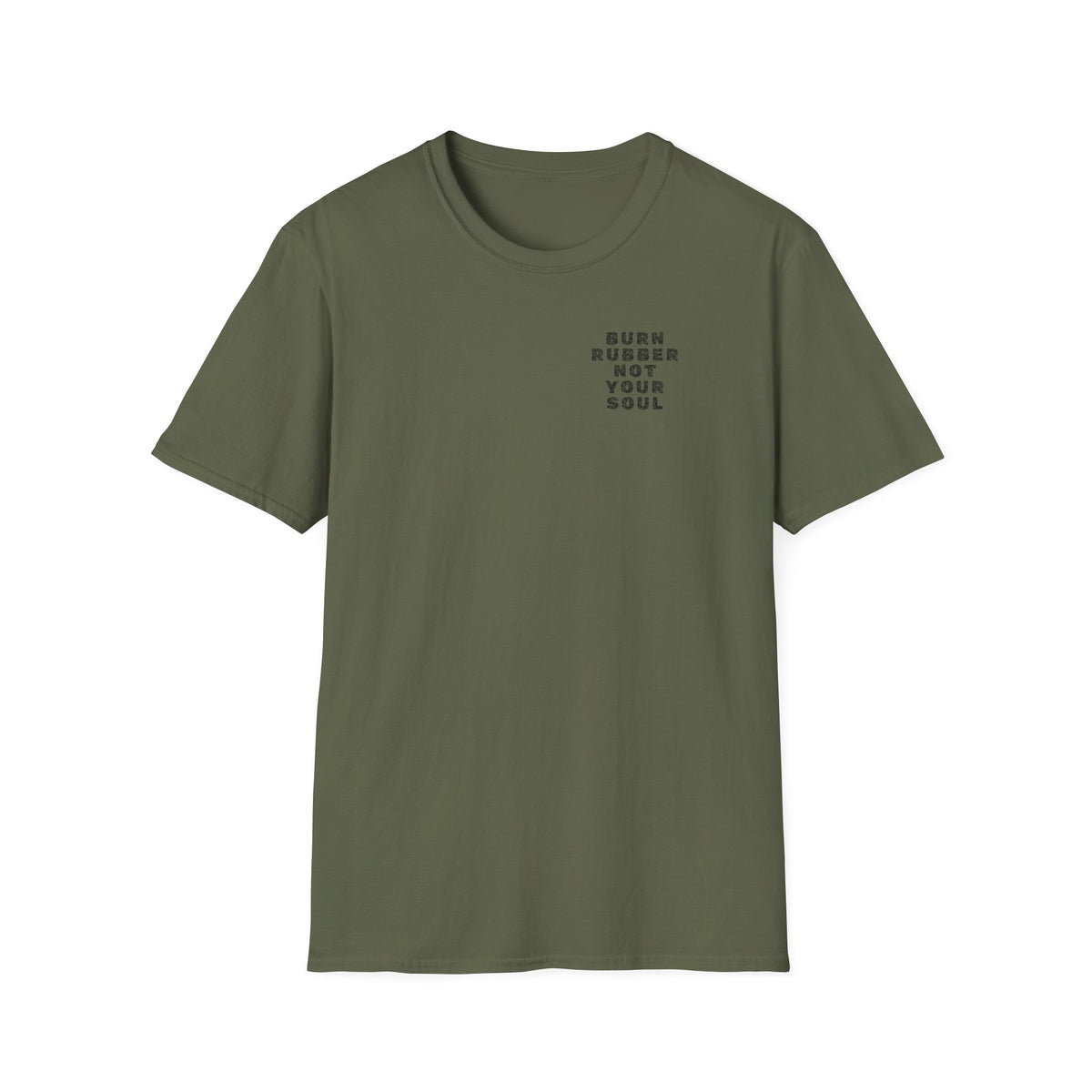 Motorbike T-shirt with 'Burn Rubber, Not your Soul' (2) Small Logo