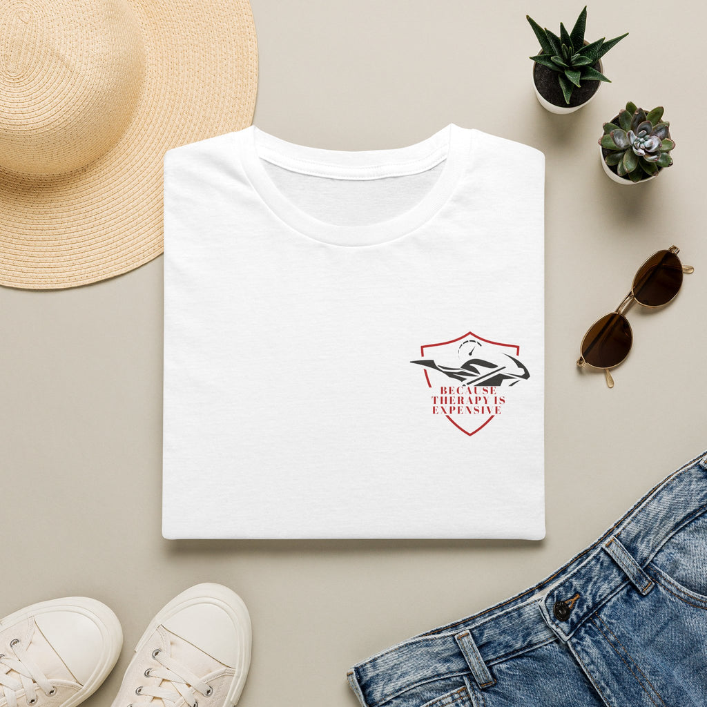Motorbike T-shirt with 'Because Therapy is Expensive' (4) Small Logo