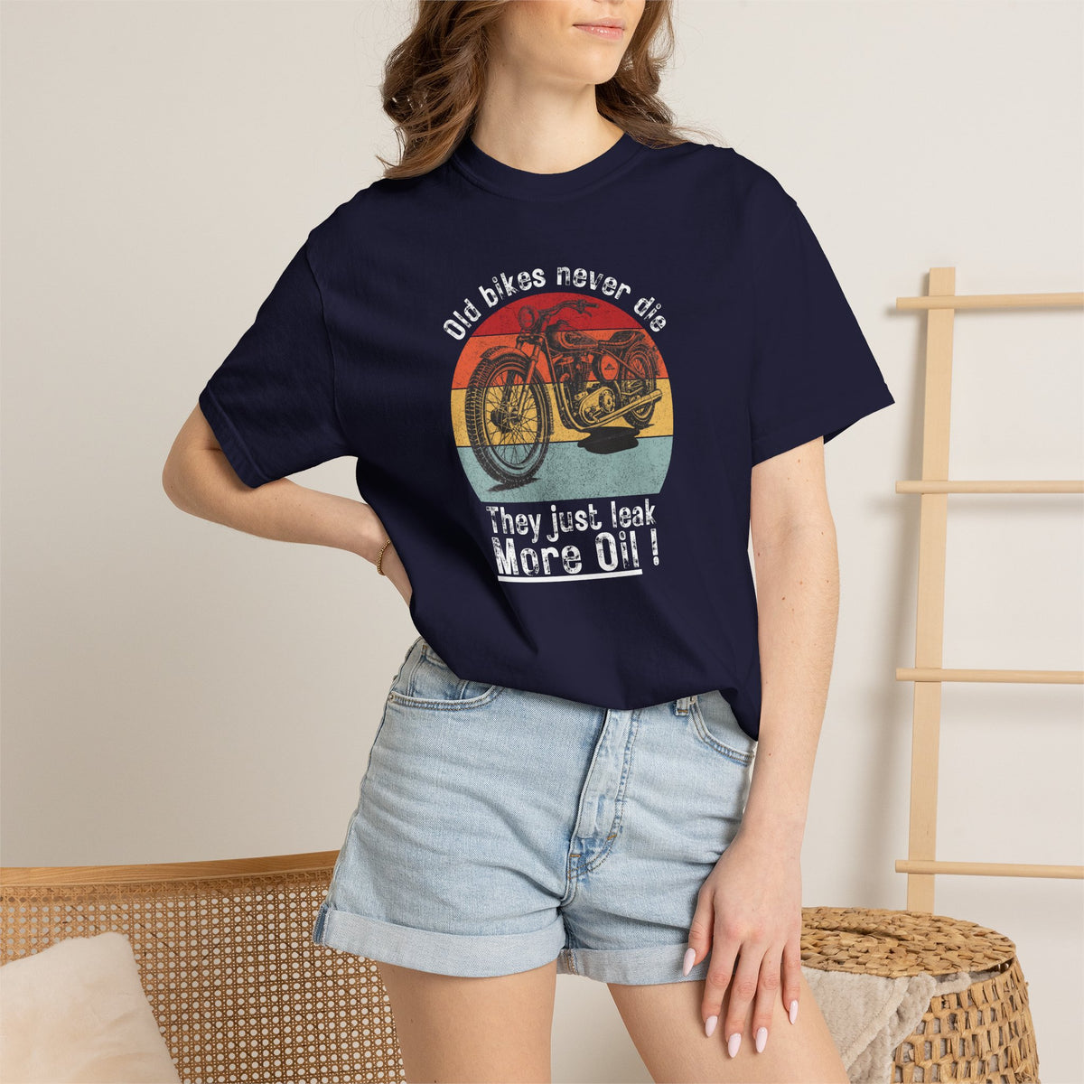 Non UK Sales Motorbike t-shirt (Old bikes never die, They just leak more oil)  W/B
