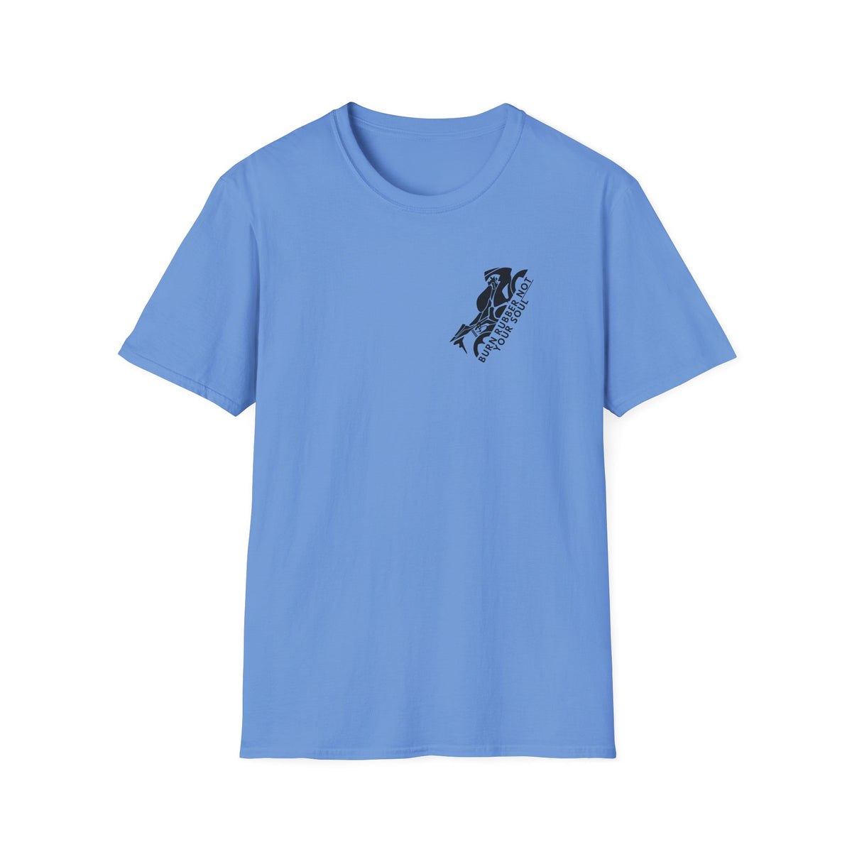 Motorbike T-shirt with 'Burn Rubber, Not your Soul' (1) Small Logo