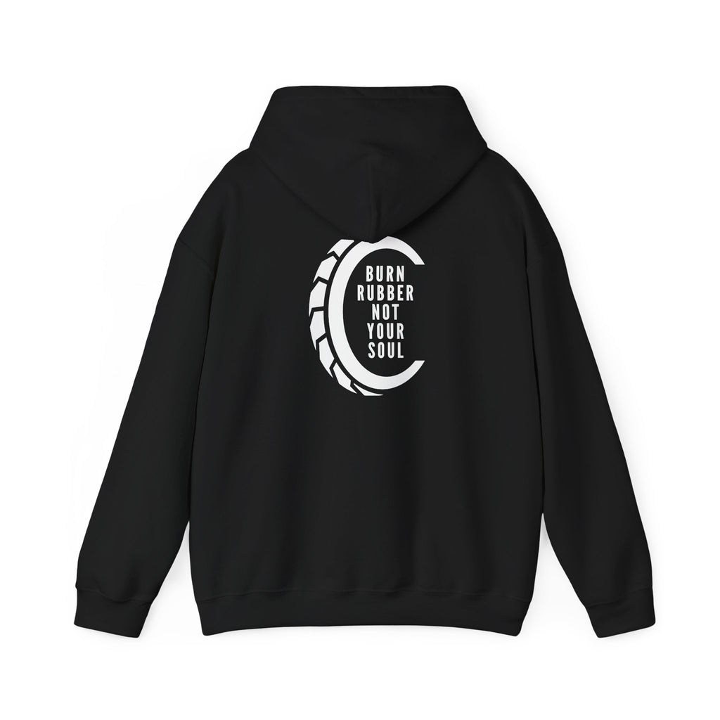 Non UK Sales Hooded Sweatshirt (Burn rubber, Not your soul) W/B