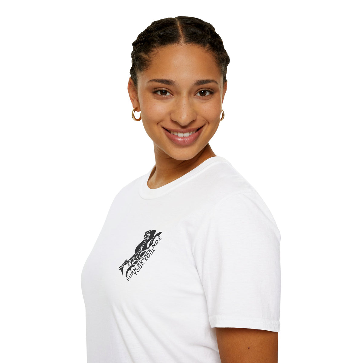 Motorbike T-shirt with 'Burn Rubber, Not your Soul' (1) Small Logo