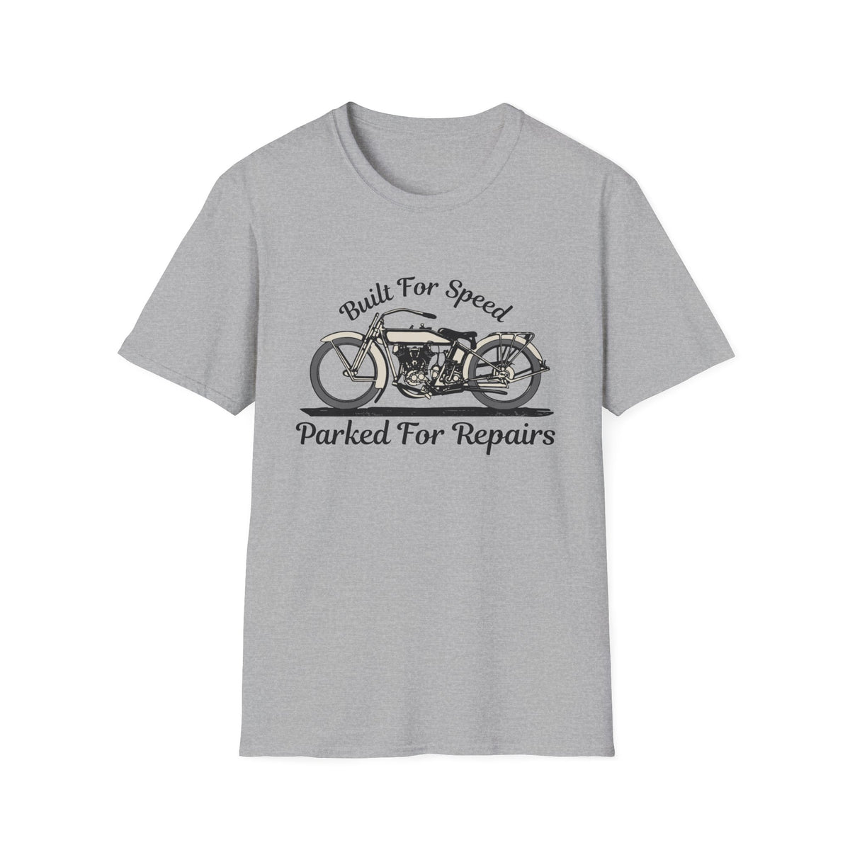 Motorbike T-shirt with 'Built for speed, Parked for repairs'