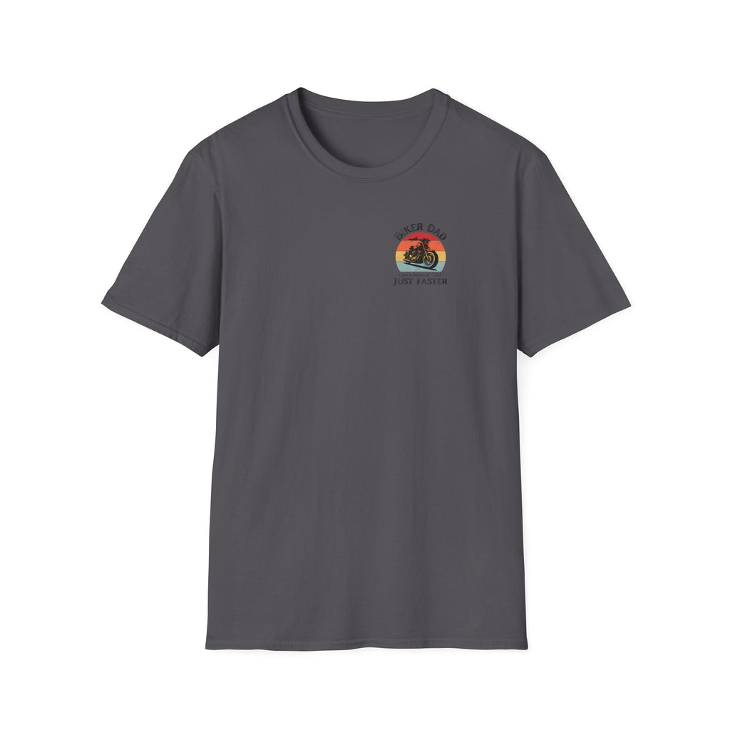 Motorbike T-shirt with 'Biker dad, Like a normal dad, Just faster' (Small Logo)