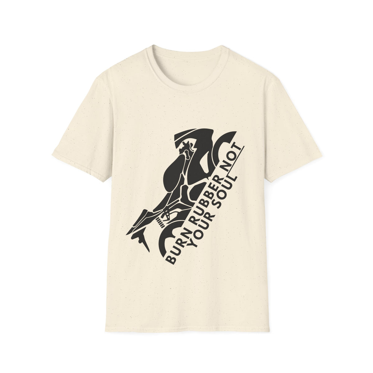 Motorbike T-shirt with 'Burn Rubber, Not your Soul' (1)