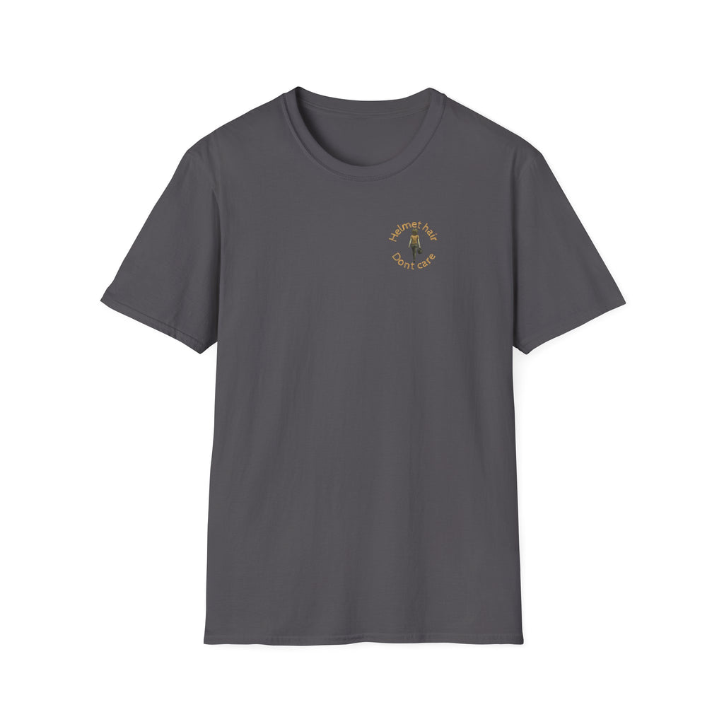 Motorbike T-shirt with 'Helmet hair, Dont care' (Coloured) Small Logo