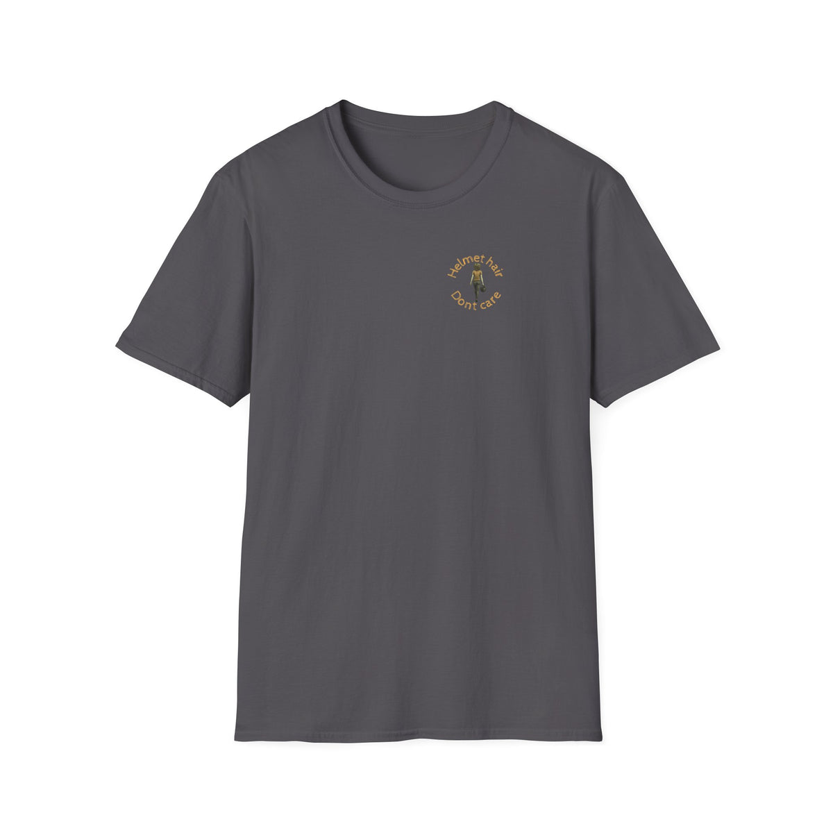 Motorbike T-shirt with 'Helmet hair, Dont care' (Coloured) Small Logo
