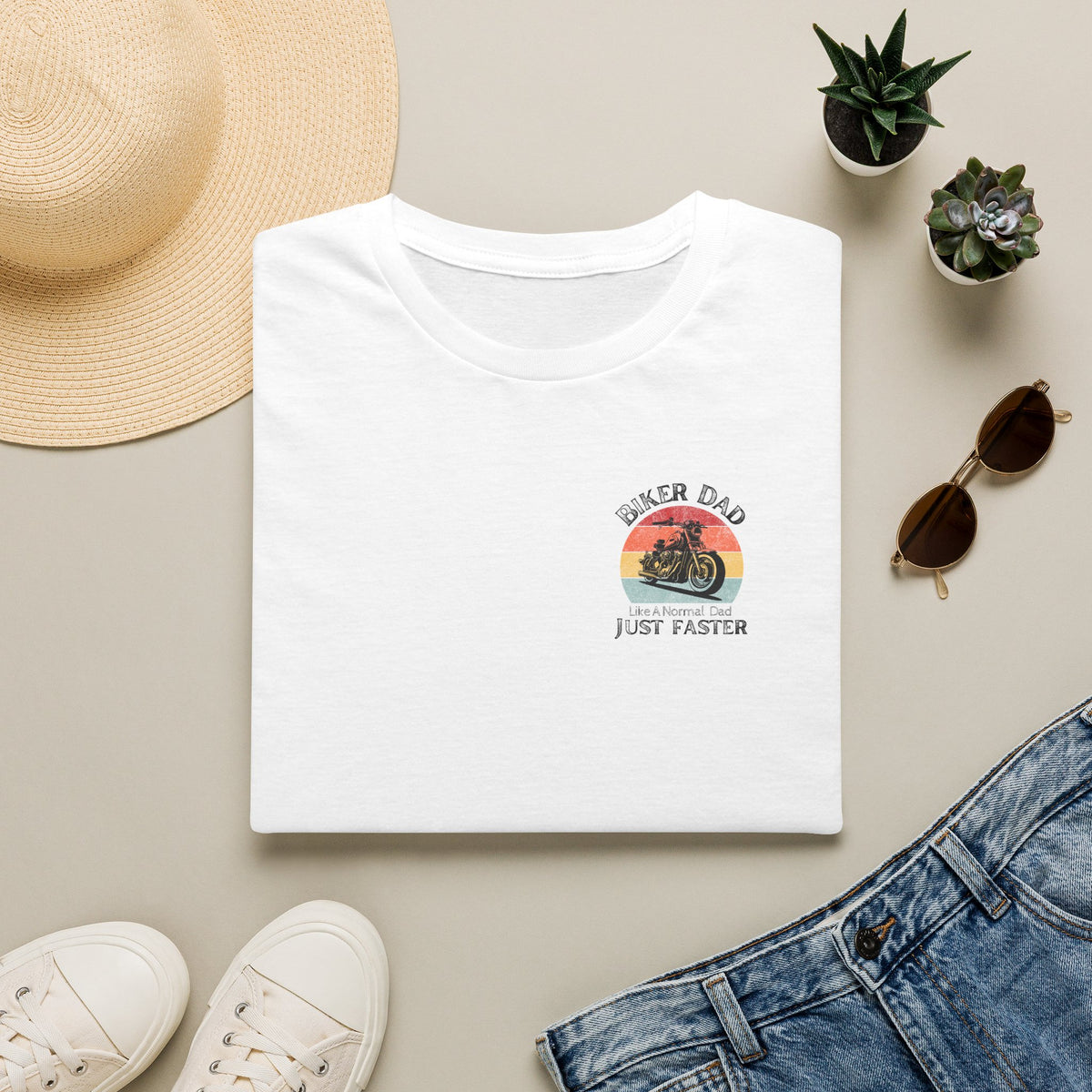 Motorbike T-shirt with 'Biker dad, Like a normal dad, Just faster' (Small Logo)