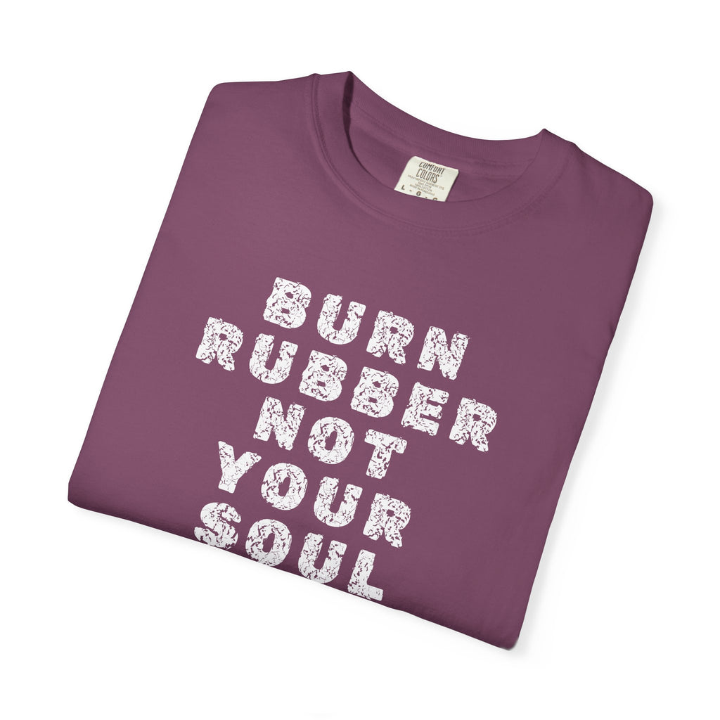 Non UK Sales Motorbike t-shirt  (Burn rubber, Not your soul) Words W/B