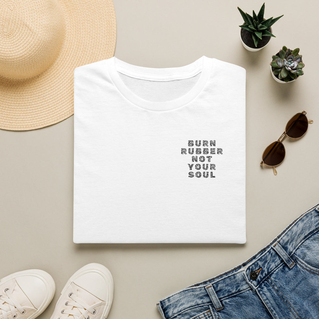 Motorbike T-shirt with 'Burn Rubber, Not your Soul' (2) Small Logo