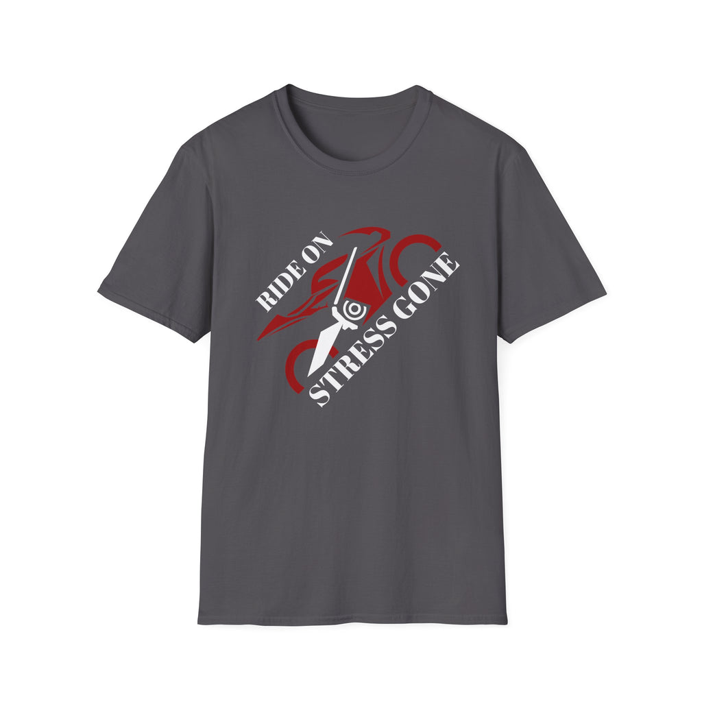 Motorbike T-shirt with 'Ride On, Stress Gone' (Angled)