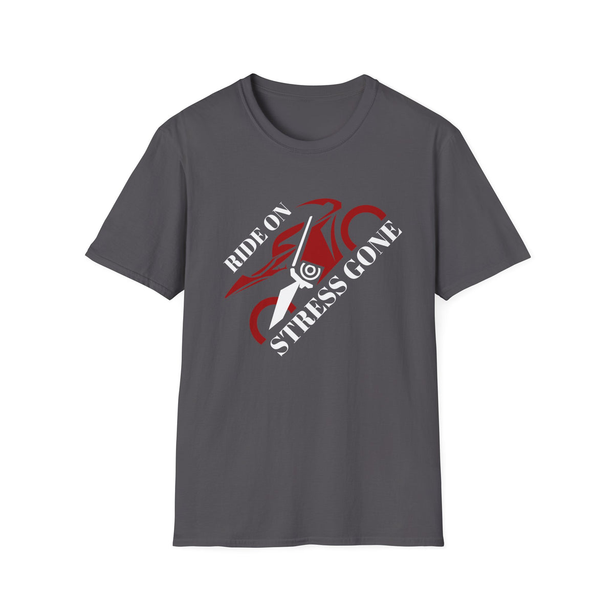 Motorbike T-shirt with 'Ride On, Stress Gone' (Angled)