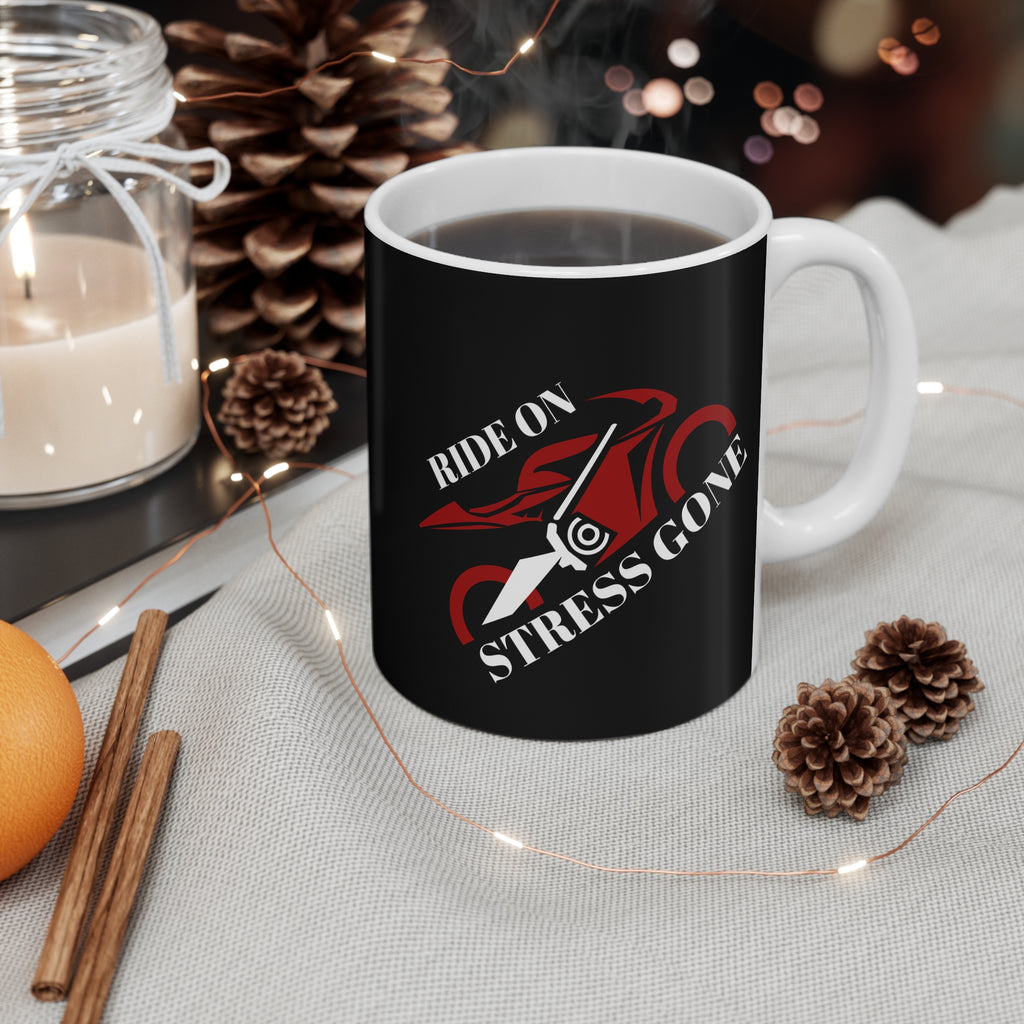 11oz White Mug With (Ride on, Stress gone) (Angled)