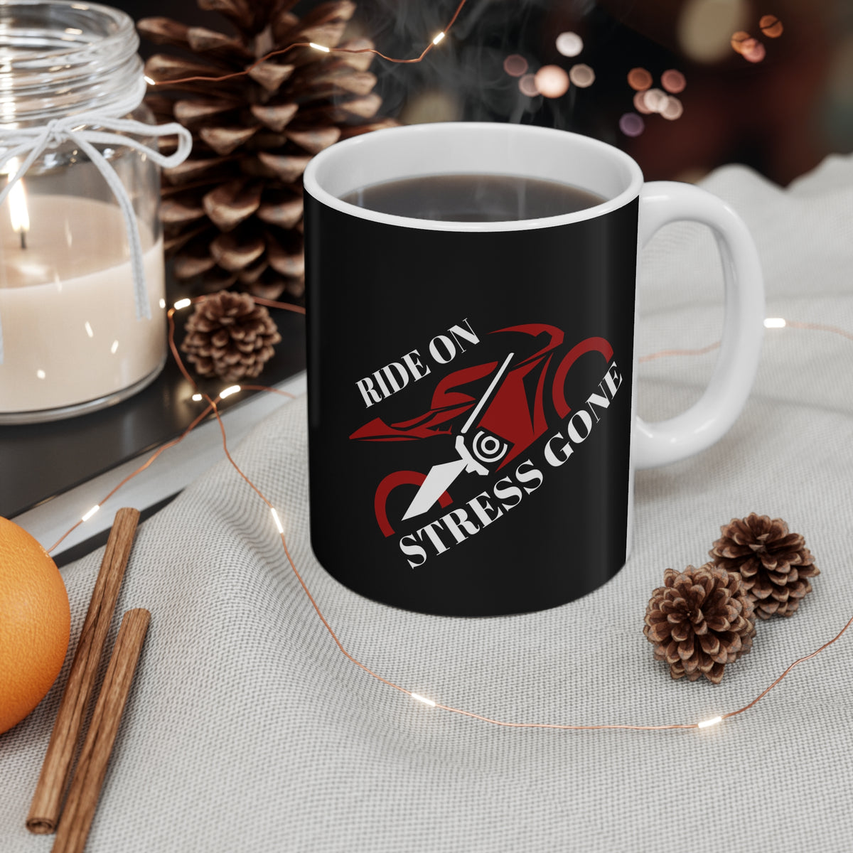 11oz White Mug With (Ride on, Stress gone) (Angled)