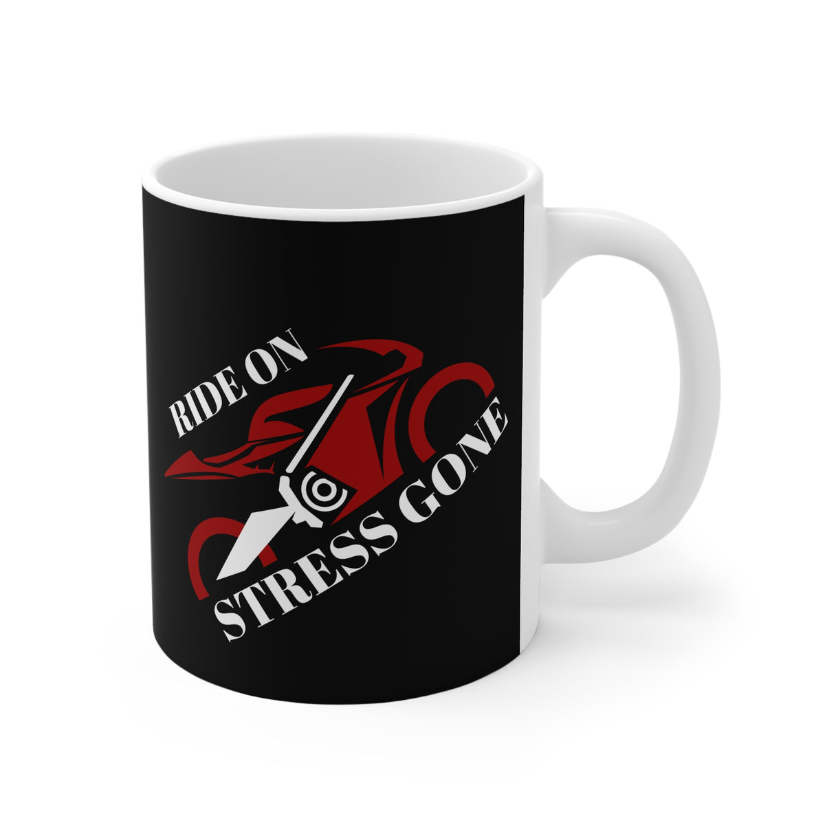 11oz White Mug With (Ride on, Stress gone) (Angled)