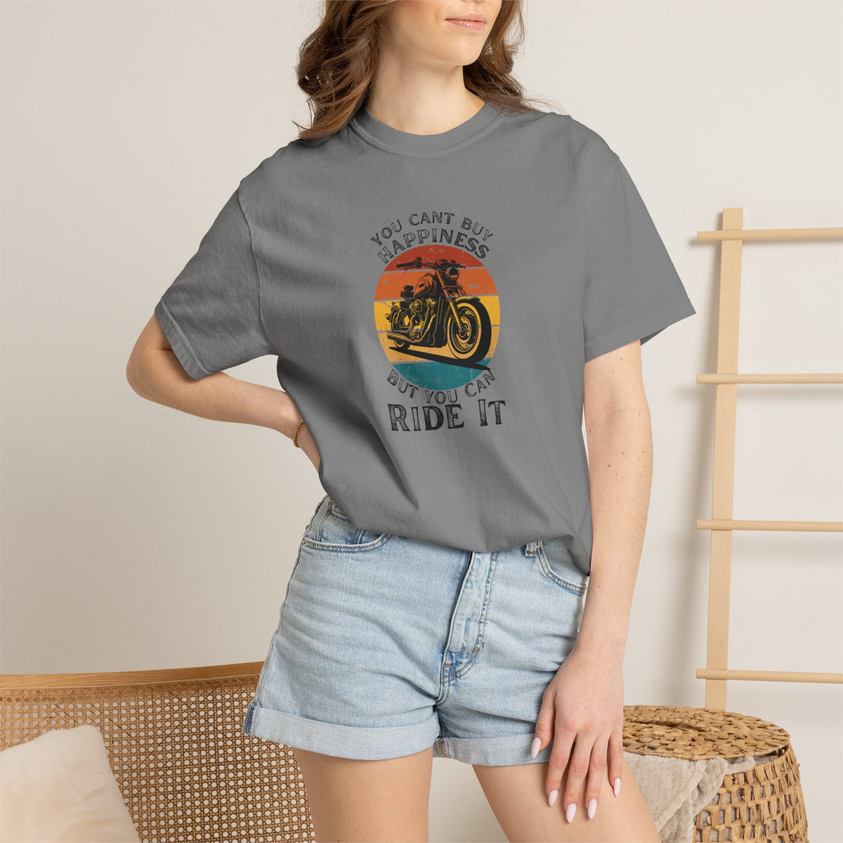Non UK Sales Motorbike t-shirt  (You Cant Buy Happiness, But you can ride it )  B/W