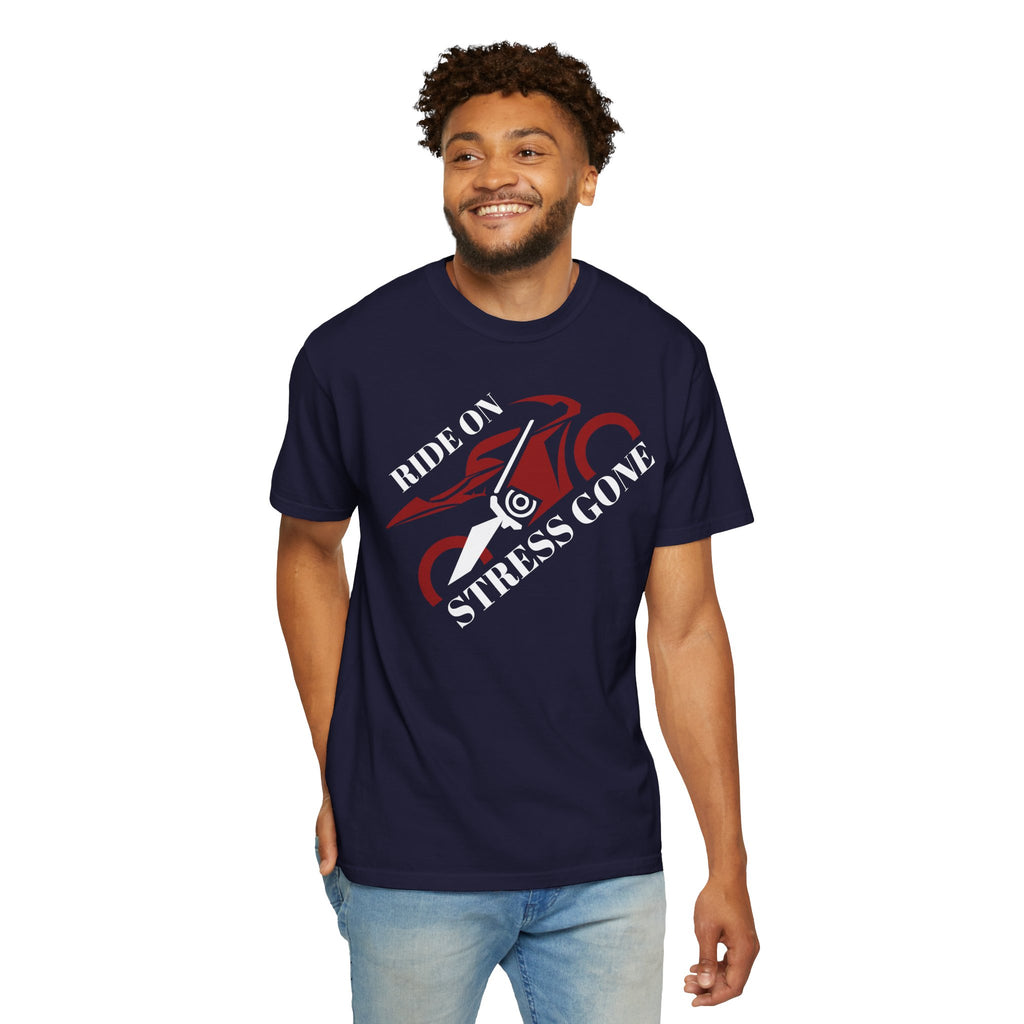 Non UK Sales Motorbike t-shirt  (Ride on, Stress gone)  R/BA