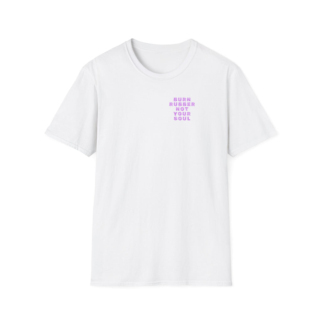 Motorbike T-shirt with 'Burn Rubber, Not your Soul' (3) Small Logo