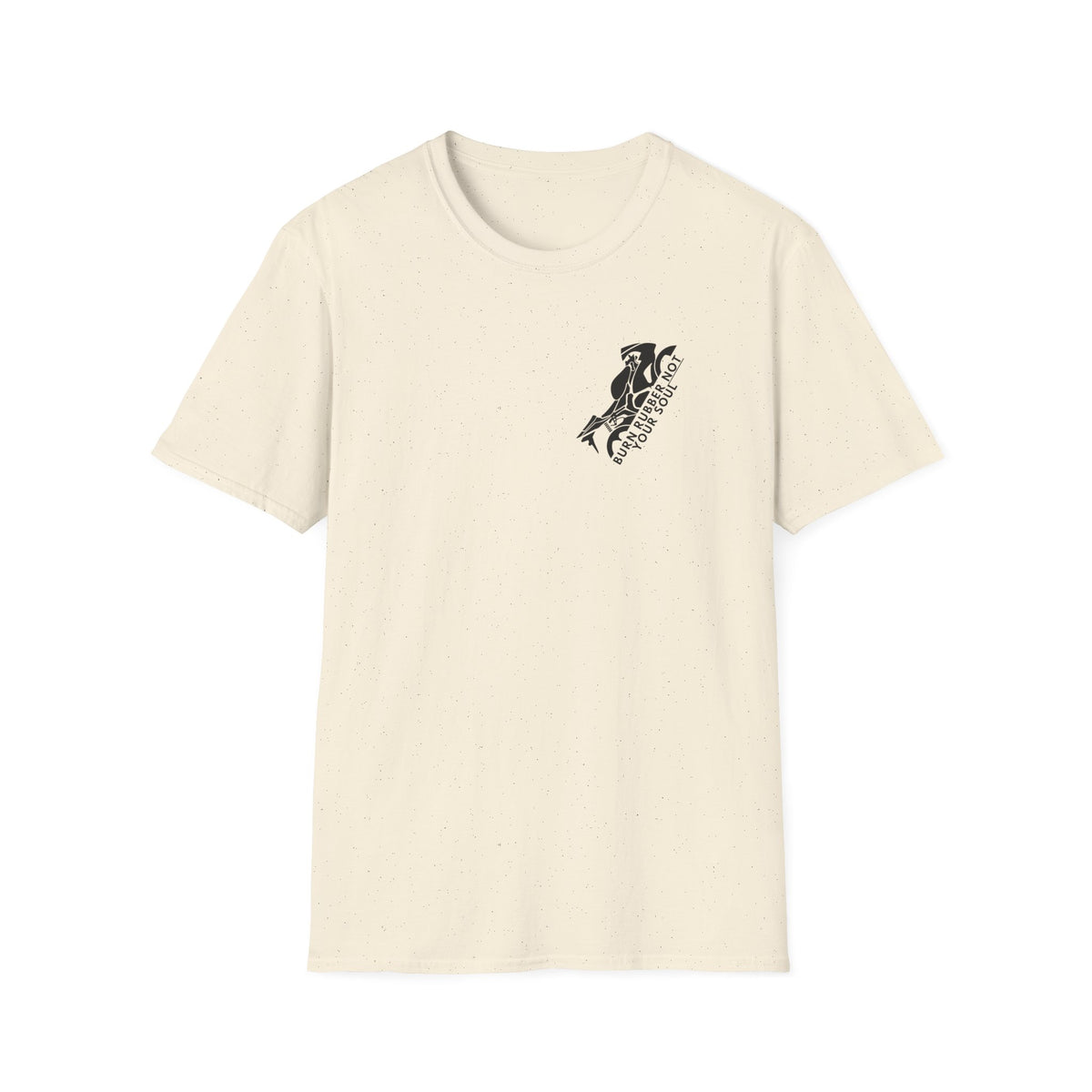 Motorbike T-shirt with 'Burn Rubber, Not your Soul' (1) Small Logo