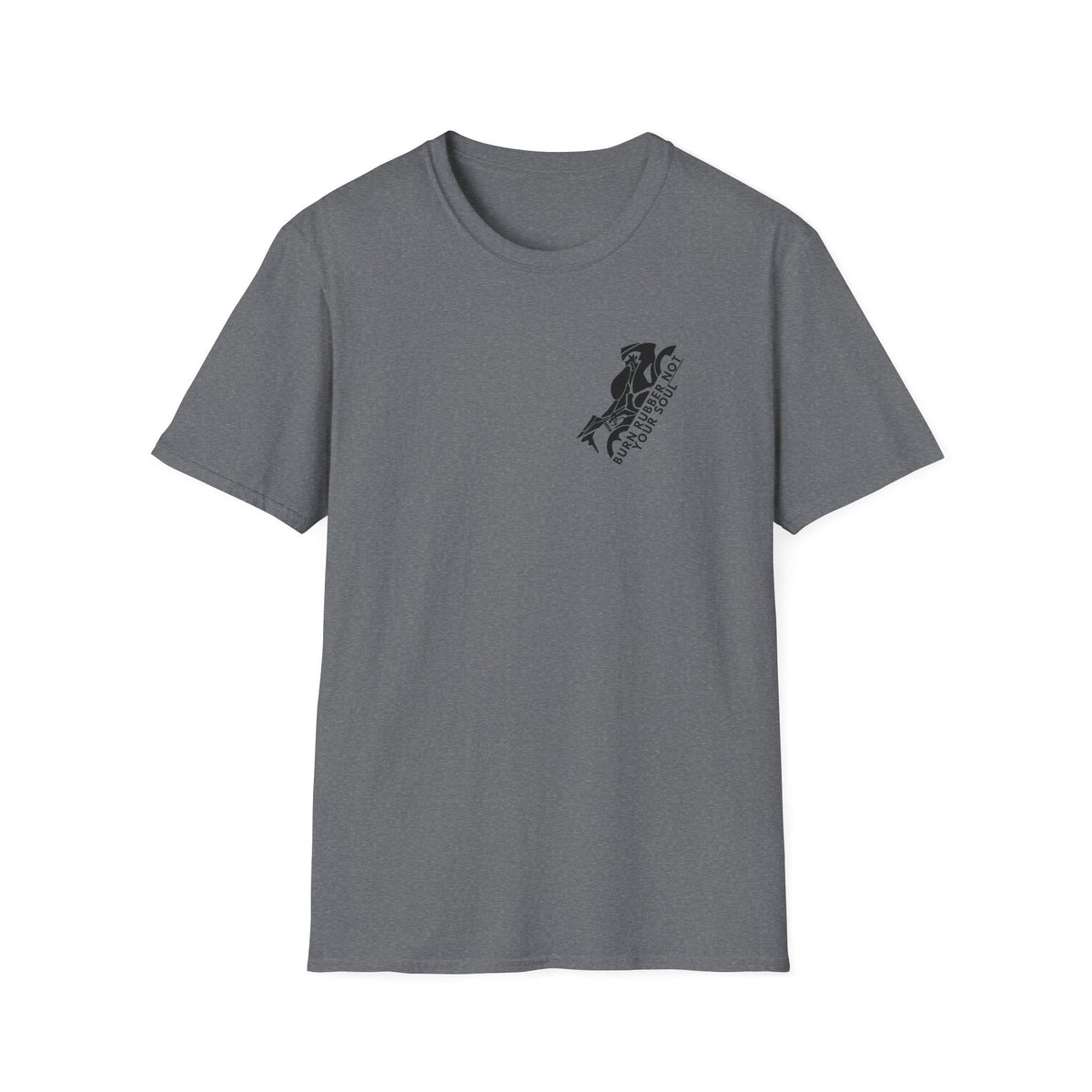 Motorbike T-shirt with 'Burn Rubber, Not your Soul' (1) Small Logo