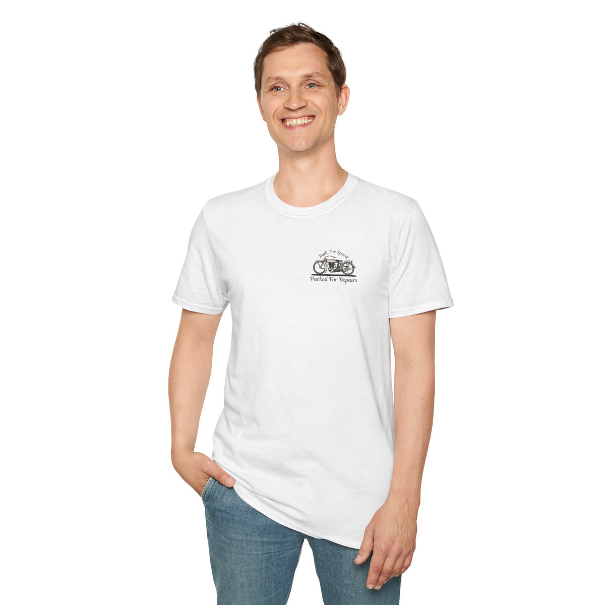 Motorbike T-shirt with 'Built for speed, Parked for repairs' Small Logo