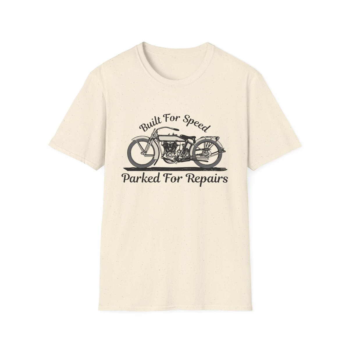 Motorbike T-shirt with 'Built for speed, Parked for repairs'