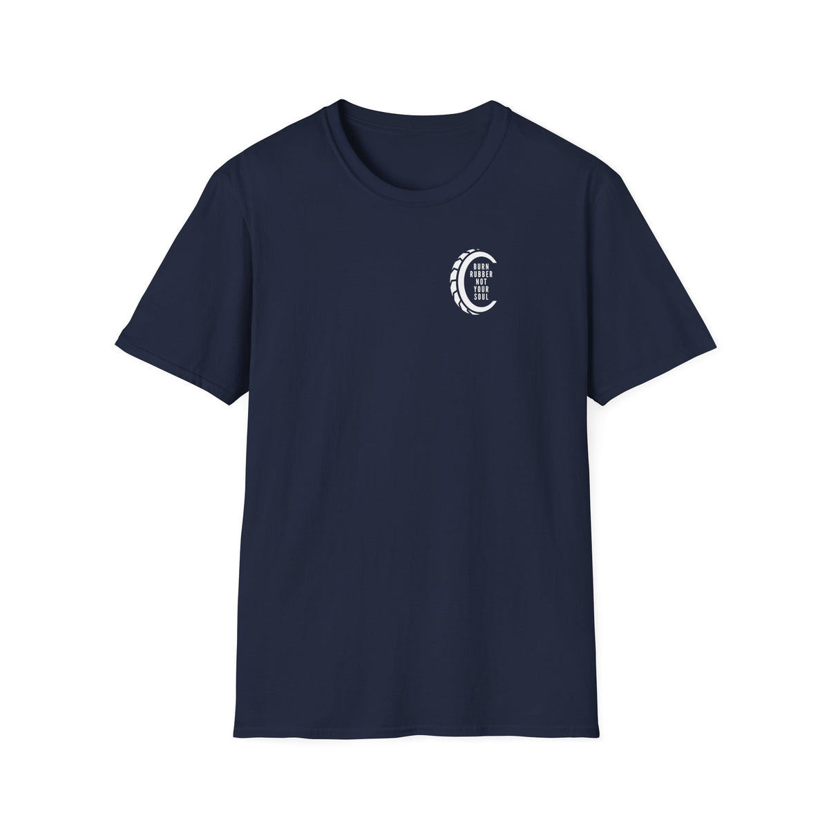 Motorbike T-shirt with 'Burn Rubber, Not your Soul' (4) Small Logo