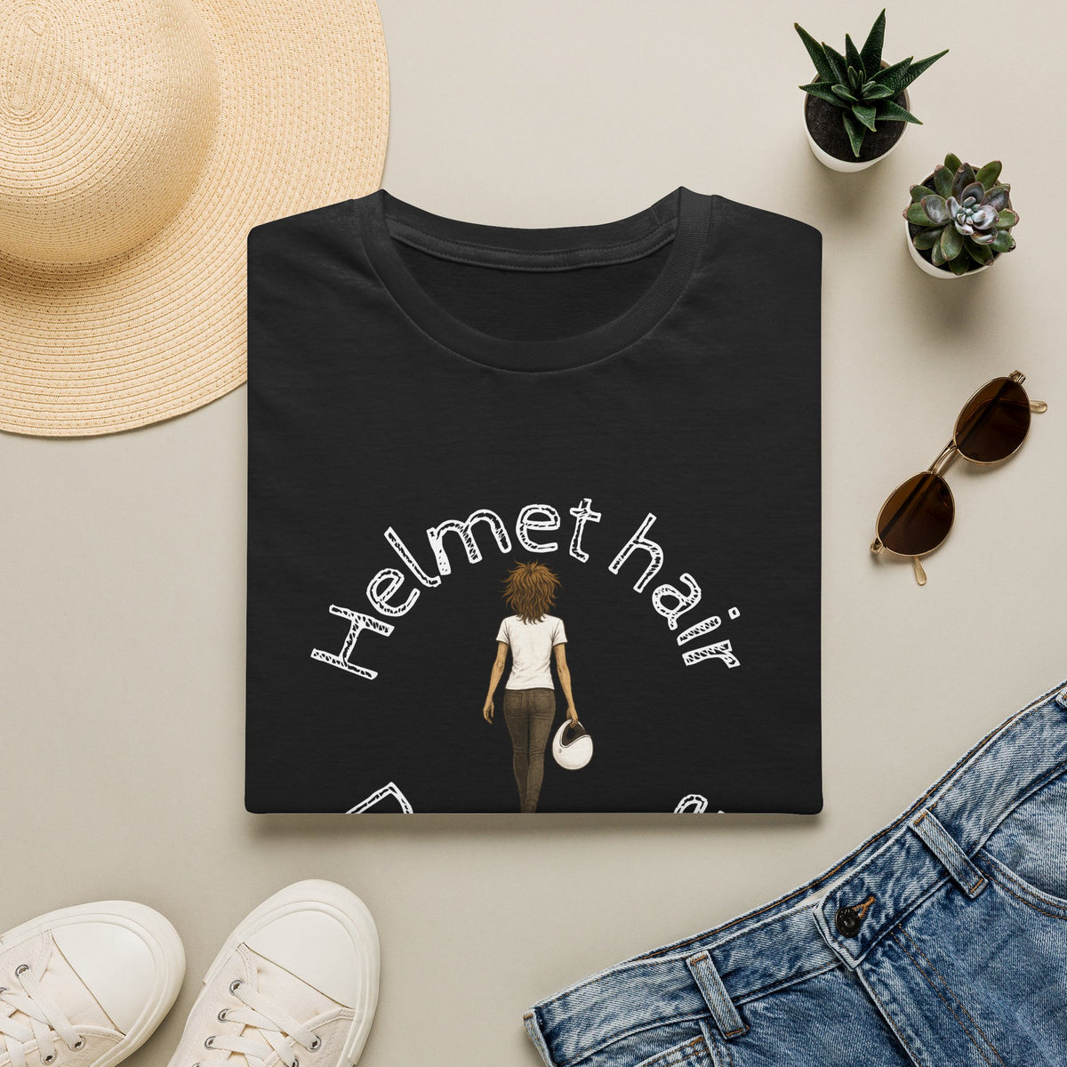 Motorbike T-shirt with 'Helmet hair, Dont care'