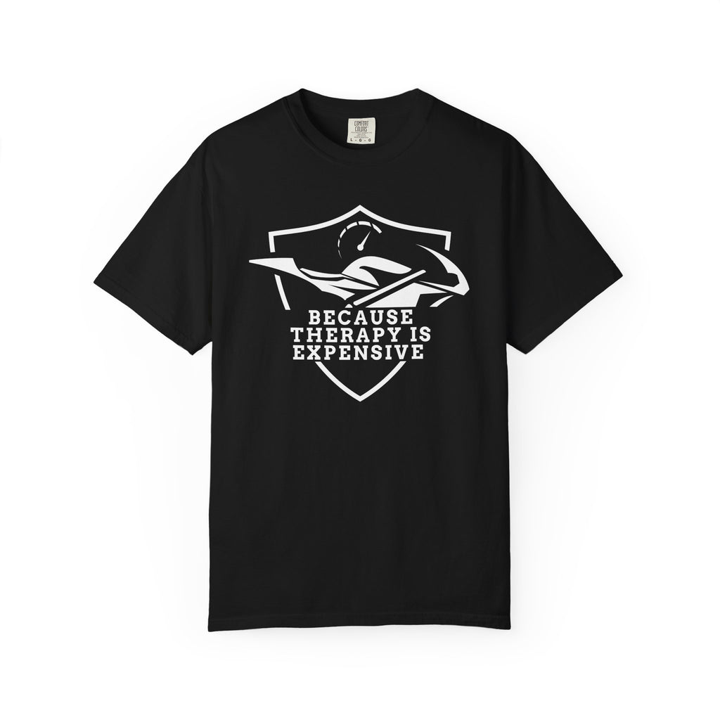 Non UK Sales Motorbike t-shirt  (Because Therapy is expensive) W/B