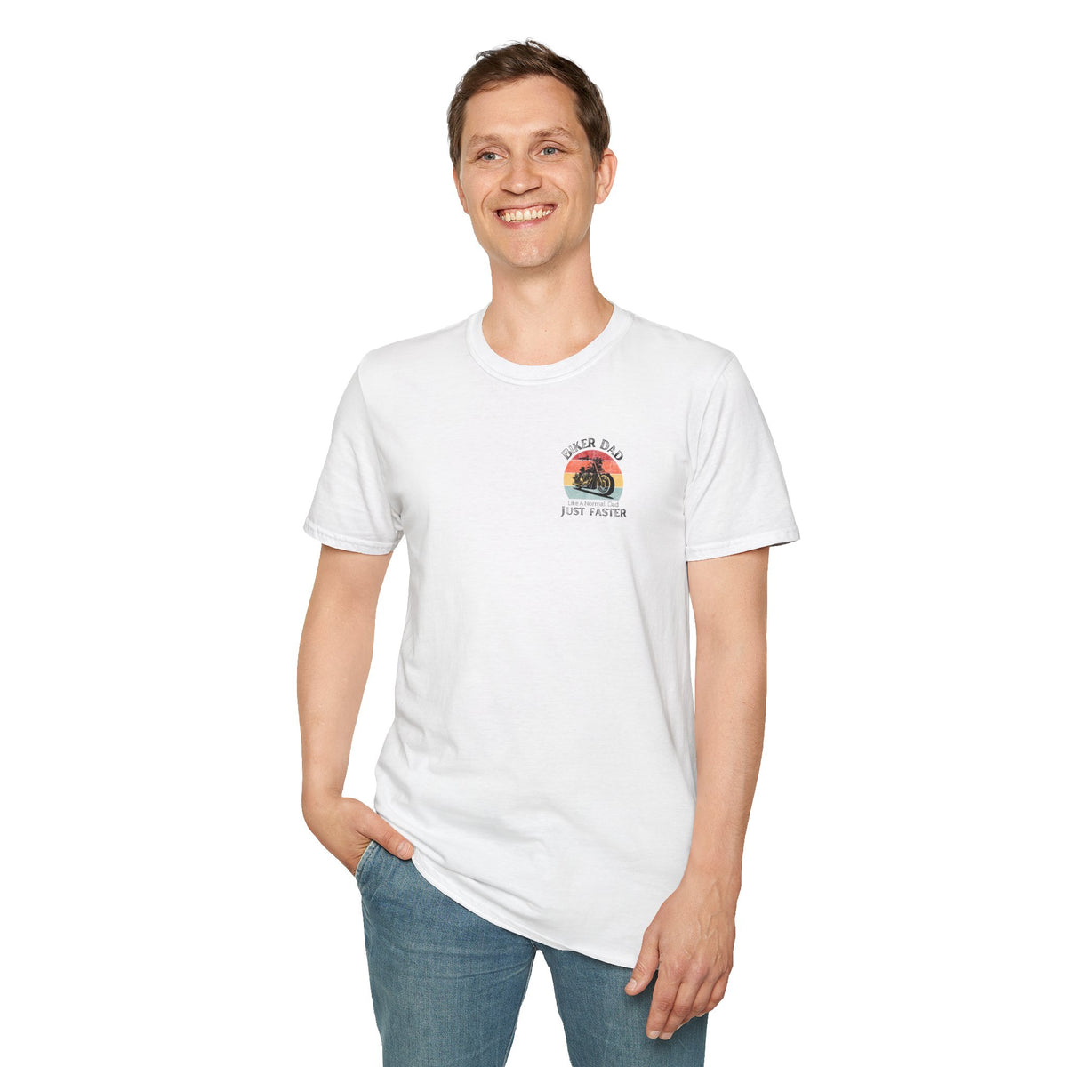 Motorbike T-shirt with 'Biker dad, Like a normal dad, Just faster' (Small Logo)