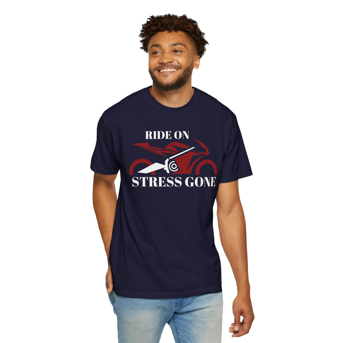 Non UK Sales Motorbike t-shirt  (Ride on, Stress gone)  R/B