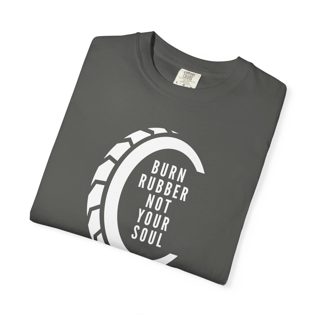 Non UK Sales Motorbike t-shirt  (Burn rubber, Not your soul) Words W/B
