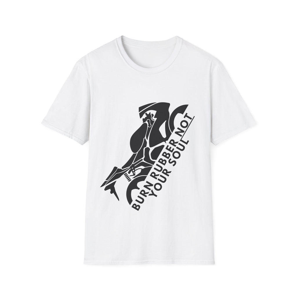 Motorbike T-shirt with 'Burn Rubber, Not your Soul' (1)