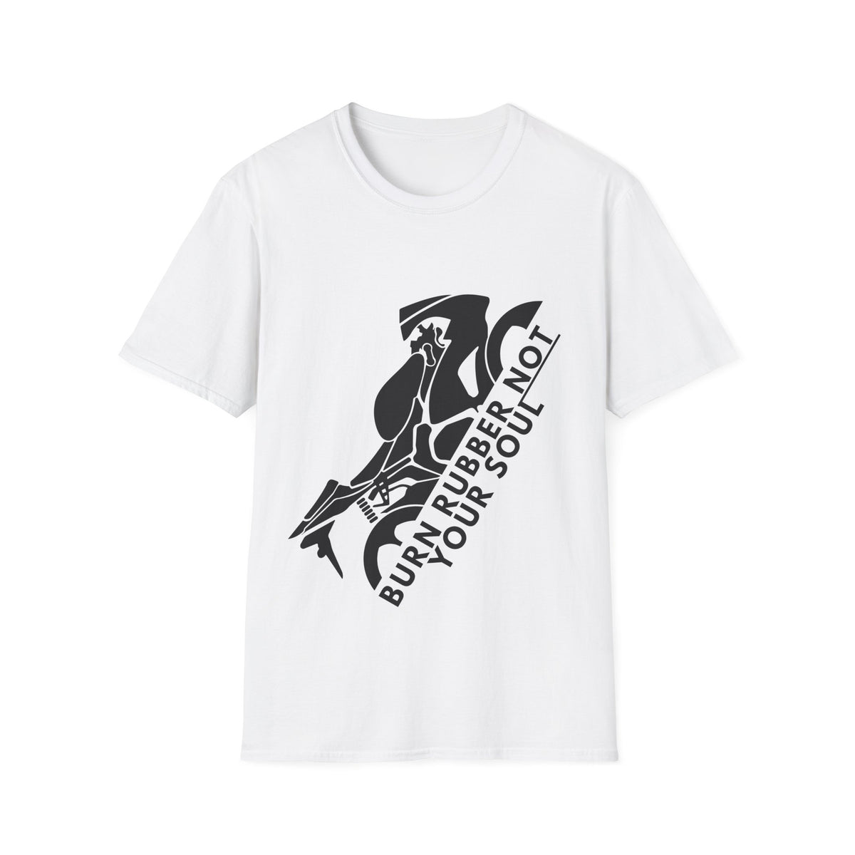 Motorbike T-shirt with 'Burn Rubber, Not your Soul' (1)