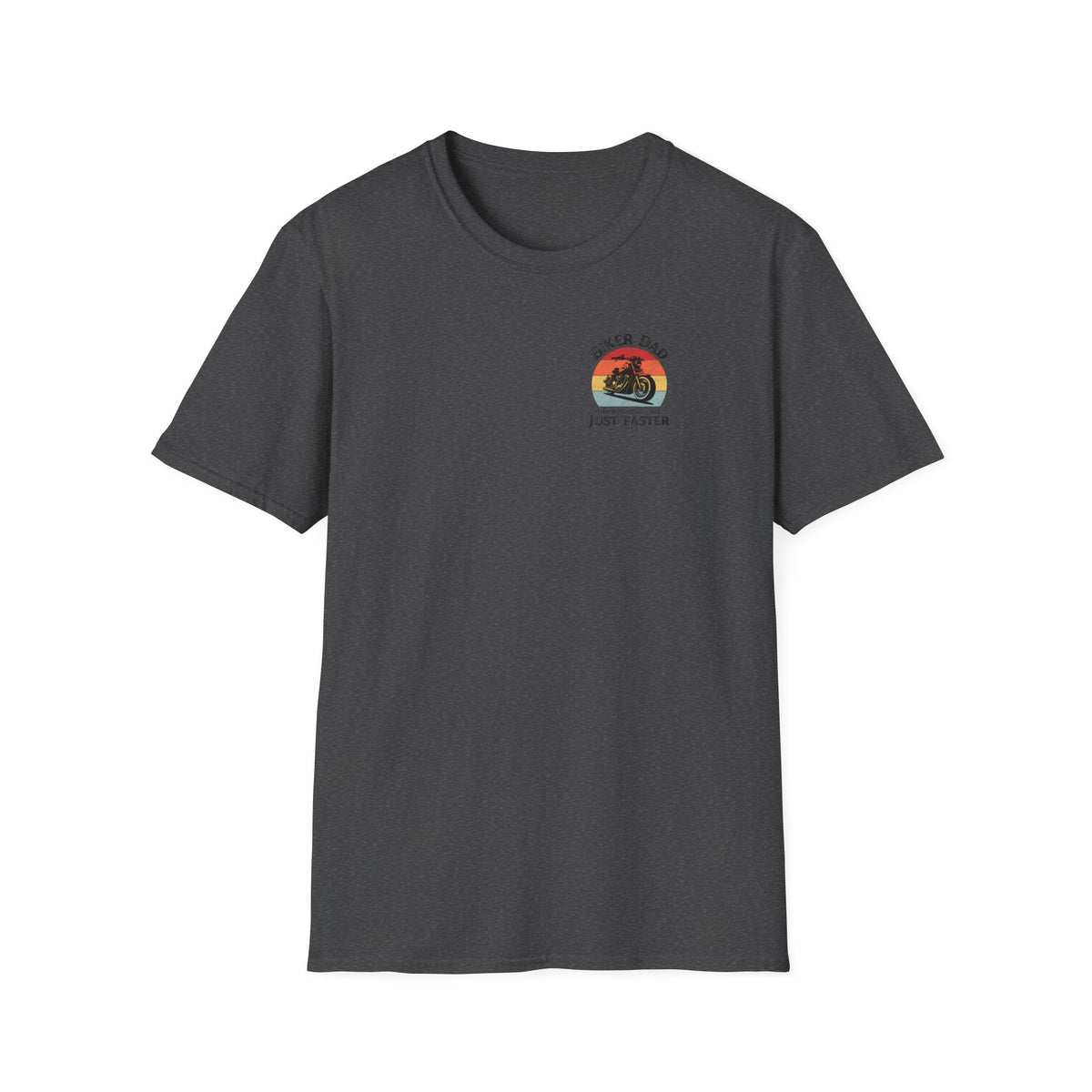 Motorbike T-shirt with 'Biker dad, Like a normal dad, Just faster' (Small Logo)