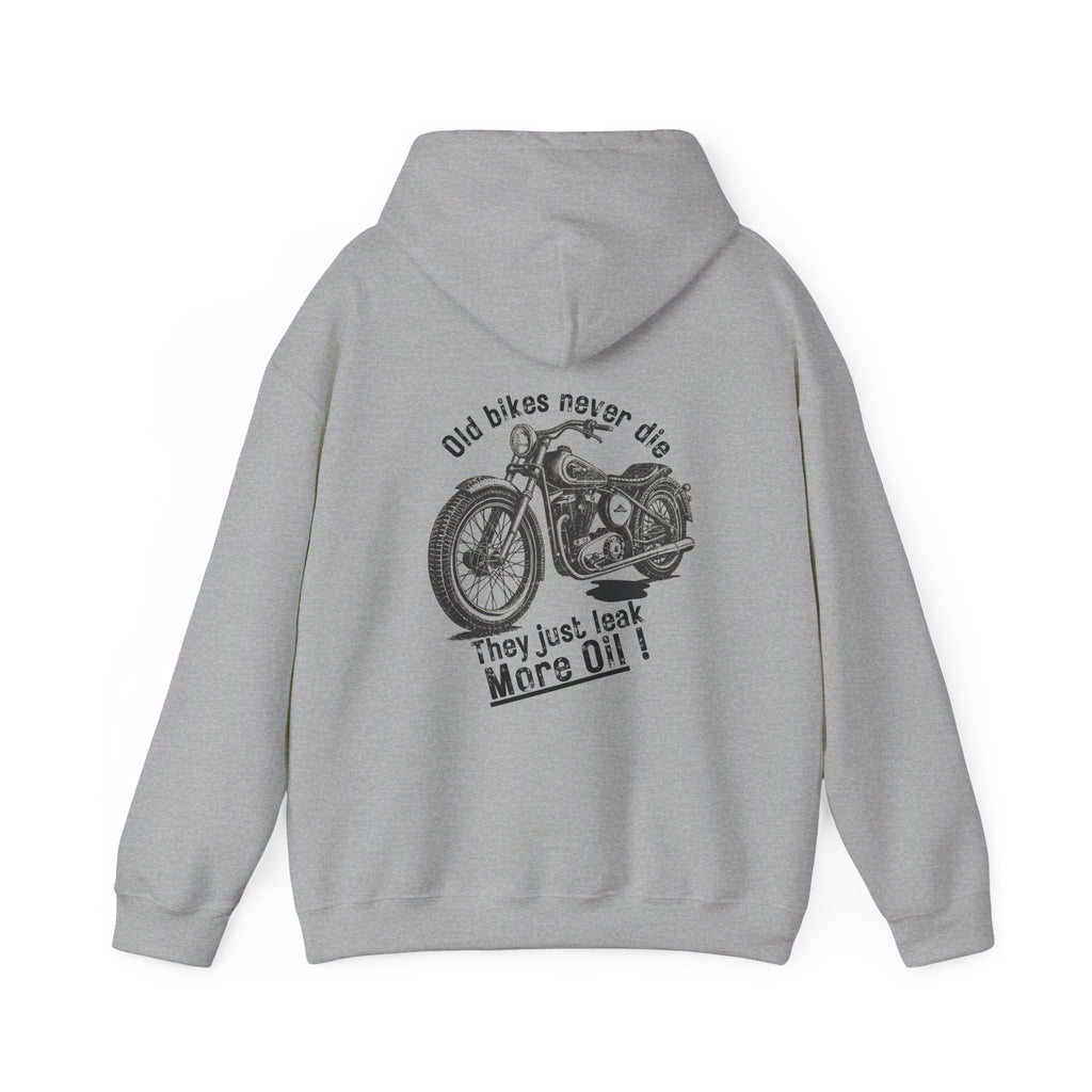 Unisex Heavy Blend™ Hooded Sweatshirt (Old Bikes Never Die, They Just Leak More Oil) Back