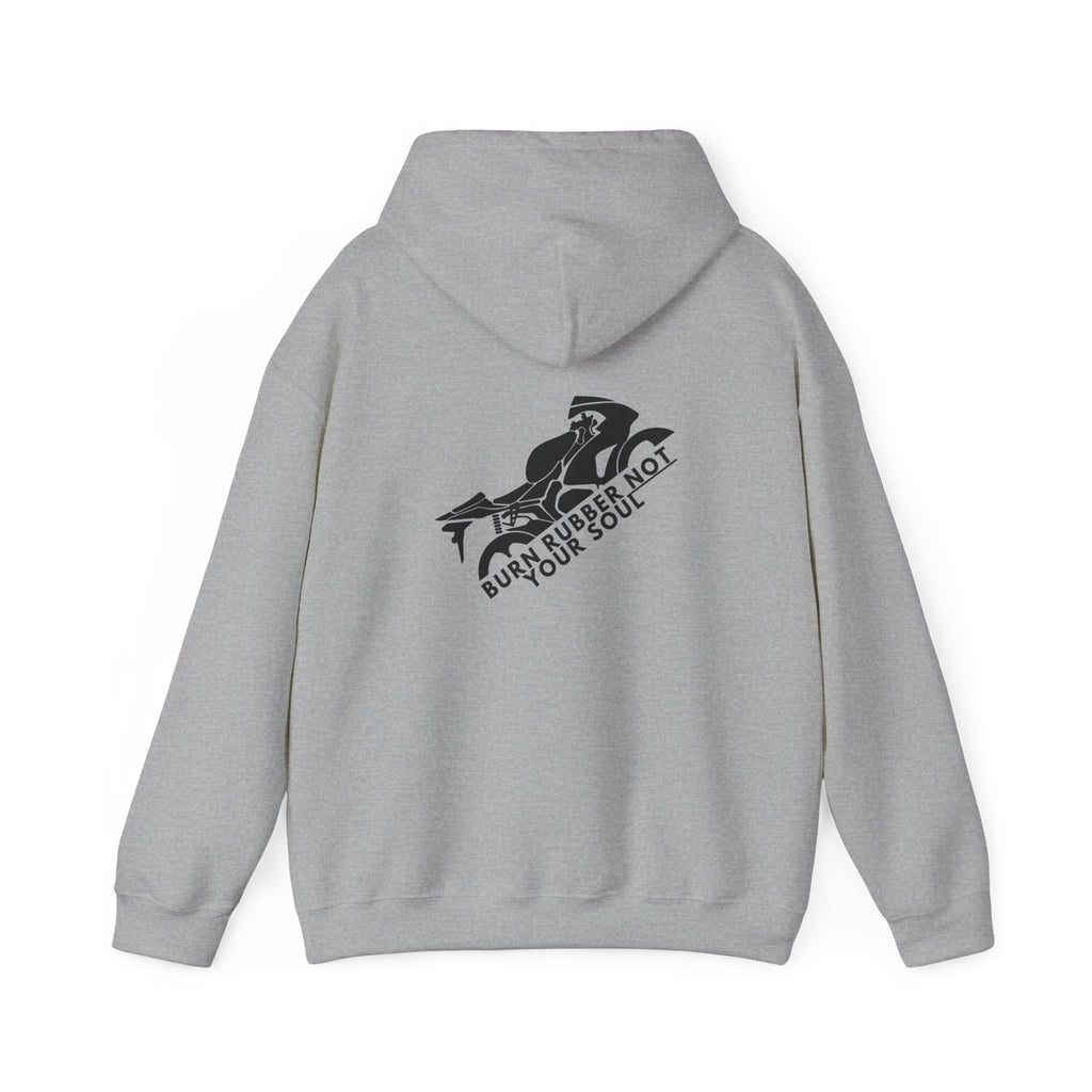 Non UK Sales Hooded Sweatshirt (Burn rubber, Not your soul) B/W