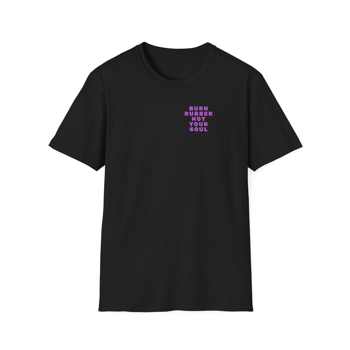 Motorbike T-shirt with 'Burn Rubber, Not your Soul' (3) Small Logo
