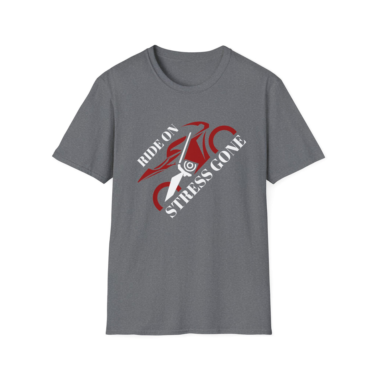 Motorbike T-shirt with 'Ride On, Stress Gone' (Angled)