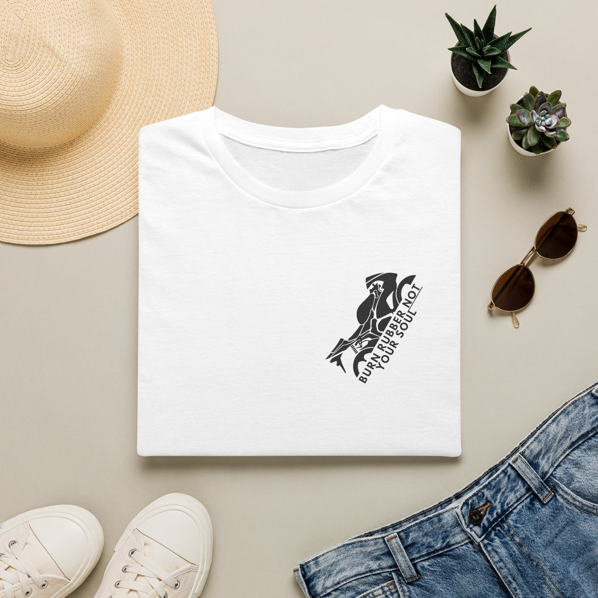Motorbike T-shirt with 'Burn Rubber, Not your Soul' (1) Small Logo