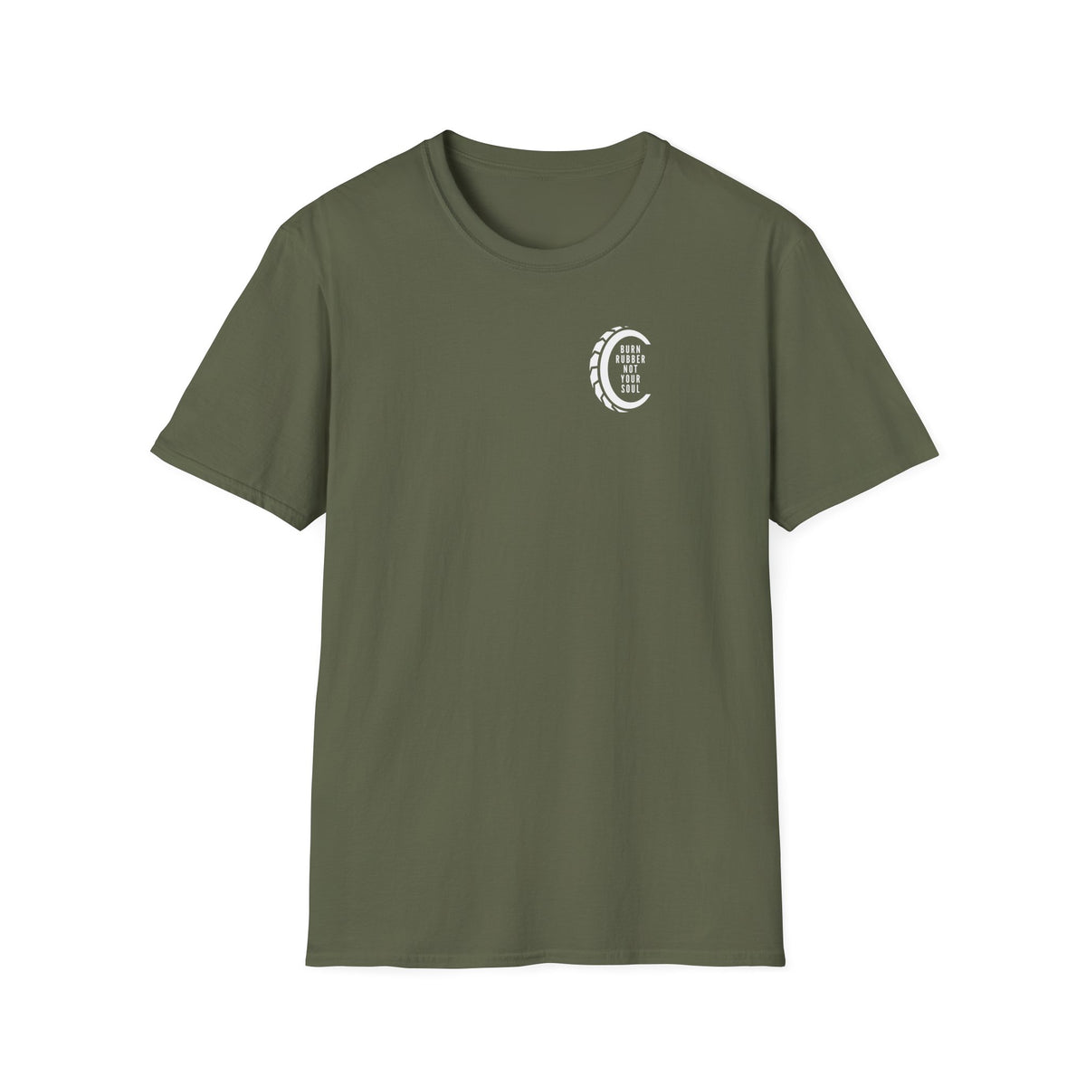 Motorbike T-shirt with 'Burn Rubber, Not your Soul' (4) Small Logo